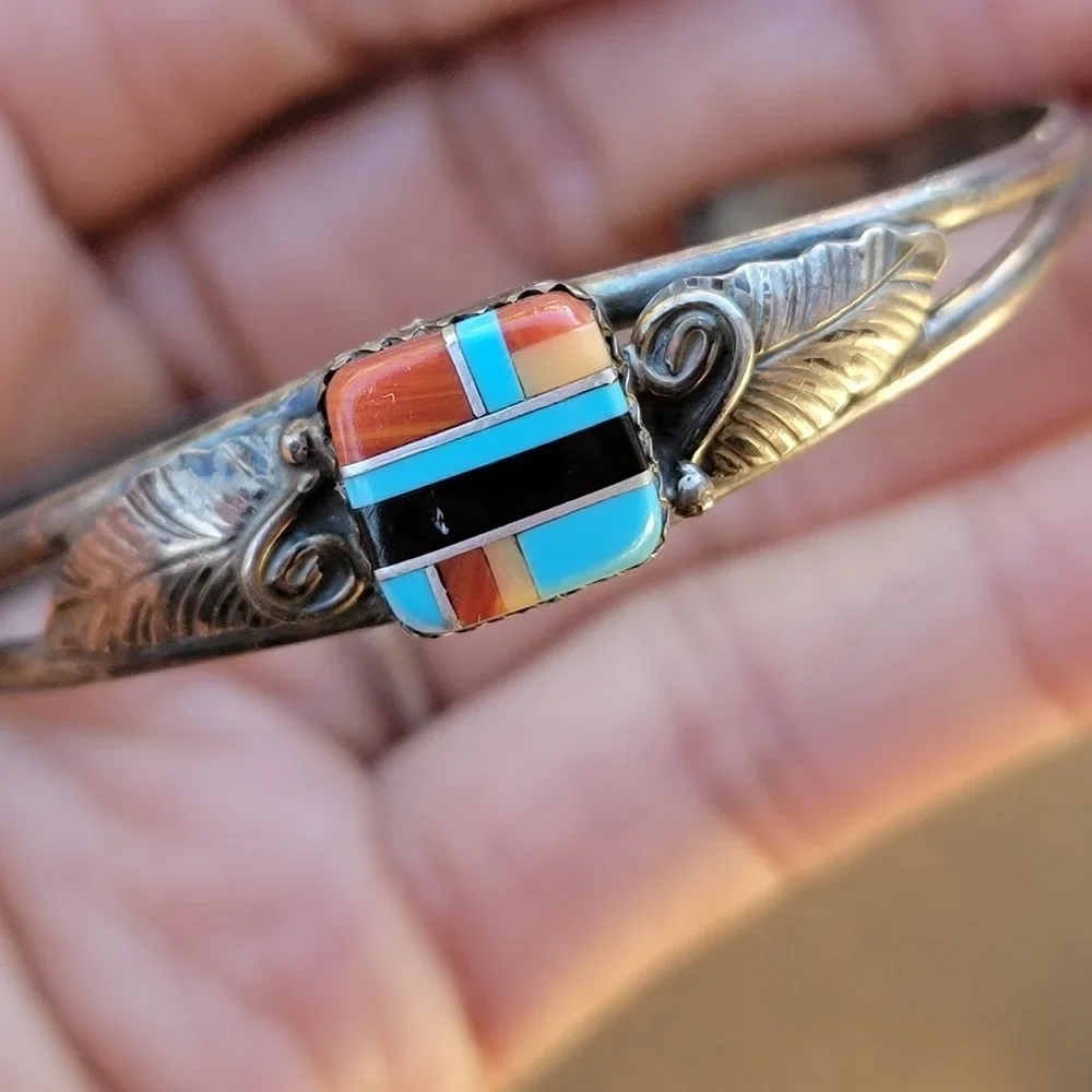 Native American 925 sterling silver square inlay squash blossom vintage bracelet - Picture 11 of 15